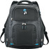 A black checkpoint-friendly laptop backpack with multiple zippered compartments and a blue accent. Features a logo.