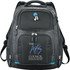A black backpack with grey accents, featuring multiple compartments and a logo. Ideal for carrying a laptop.