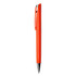 An orange plastic pen with a silver clip and tip, featuring a logo on the body.