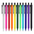 A set of plastic pens in various colours including pink, orange, yellow, green, purple, and black, with one white pen.