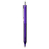 A purple plastic pen with a white clip and a smooth ballpoint tip, featuring branding on the barrel.