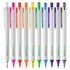 A collection of plastic pens in various colours with white barrels and a logo.
