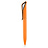 An orange plastic pen with a sleek design and a grip clip. The pen has a logo on its surface.
