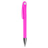 A pink plastic pen with a sleek design and a silver tip, featuring a logo on its body.