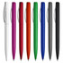 A collection of plastic pens in white, red, purple, orange, green, blue, black, and grey, featuring a silver clip.