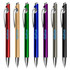 A set of plastic pens in red, gold, green, blue, purple, and silver, each with a clip and branding.