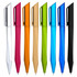 A collection of eight plastic pens in various colours: white, pink, orange, gold, green, blue, and black. Each has a clip and a logo.