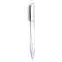 A sleek silver plastic pen with a unique angled design and a logo on its surface.