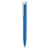 A blue pen with a white clip and a sleek design. The pen features a logo on its body.