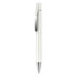A white plastic pen with a silver clip and a polished tip, featuring a sleek and simple design.