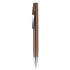 A plastic pen in a sleek bronze colour with a chrome clip and tip, featuring a logo.