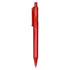 A red plastic pen featuring a transparent design and a clip for easy attachment.