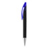 A black plastic pen with a blue clip and accents. The pen features a silver tip and has a logo.