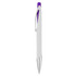 A plastic pen in white with a purple accent, featuring a sleek design and a silver tip.