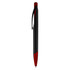 A plastic pen featuring a black barrel with red accents and a clip. It includes a branding logo.