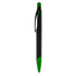 A plastic pen featuring a black body and a green accent. It has a clip and a logo.