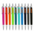 A collection of colourful pens in pink, orange, green, blue, and black, featuring silver accents and a logo.