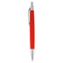 A red pen with a silver clip and tip, featuring a smooth, sleek design. It has a branding logo.