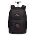 A black wheeled backpack with dual zippered compartments, adjustable straps, and a retractable handle.