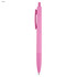 A pink plastic pen with a smooth finish and a clip at the side. It features a branding logo.