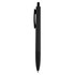 A black plastic pen with a sleek design and a clip on the side, featuring a logo.