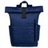 A navy blue roll-top backpack with a front zip pocket and side pockets, featuring a logo on the side.