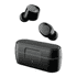 Wireless earbuds in black, with a compact charging case. The design includes a subtle logo.