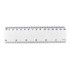 A clear plastic ruler measuring 15cm with black markings for measurements. It has a logo in one corner.