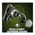A pair of black and grey Skullcandy Smokin' Buds earbuds with an abstract sound graphic and a logo.