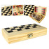 A wooden game case featuring a chessboard and backgammon layout, containing game pieces and dice. It has a light wood finish.