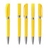 A collection of bright yellow plastic pens with shiny silver accents and clip features. Each pen has a sleek design.