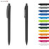 A set of plastic pens in various colours, featuring a shiny finish and a clip on the side. The main pen is black.