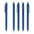 A set of five blue plastic pens with a sleek design and clip feature, showcasing different angles.