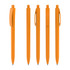 A plastic pen in high gloss orange, featuring a clip and smooth finish, displayed from multiple angles.