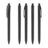A set of black plastic pens displayed in various orientations, featuring a sleek, high-gloss finish and a logo.