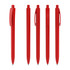 A set of red plastic pens displayed from various angles, featuring a sleek design and a clip.