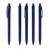 A collection of five navy blue plastic pens, each featuring a different design with clips and caps, including a logo.