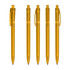 Five transparent orange plastic pens displayed upright, showcasing the unique design and clip mechanism.