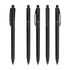 A set of five black plastic pens with a transparent section and clip, each displaying a sleek design.