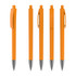 Five plastic pens in vibrant orange with silver tips and clips, arranged in a row. Each pen features a logo.
