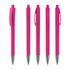 A set of five bright pink plastic pens featuring silver accents and clips. Each pen has a sleek design and branding.