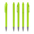 Five bright green plastic pens with a glossy finish and silver accents, featuring clips for easy attachment.