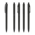 Five black plastic pens arranged in a row, each with a different clip style. The pens have a simple design and some feature branding.