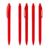 A set of five red plastic pens with a clip, featuring a logo.