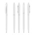 A set of five white plastic pens with sleek designs, featuring varied clip styles and a logo on some.