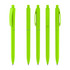 Five bright green plastic pens featuring a clip and smooth barrel, designed for writing. The product has a logo displayed.
