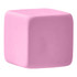 A pink rubber cube eraser with smooth edges, featuring a simple design and a logo.