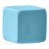 A blue cube-shaped rubber eraser with a smooth finish and rounded edges. It features a logo on one side.