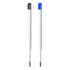 Two plastic pen refills in white, one with a black tip and the other with a blue tip, featuring a logo.
