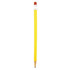 A round mechanical pencil with a yellow body and red eraser, featuring a silver tip and a logo on its side.